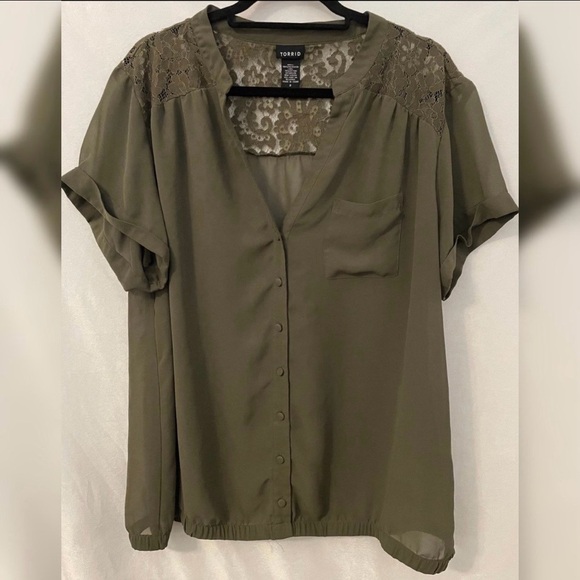 TORRID Olive Button-Down Blouse with Lace Detail - Picture 1 of 5